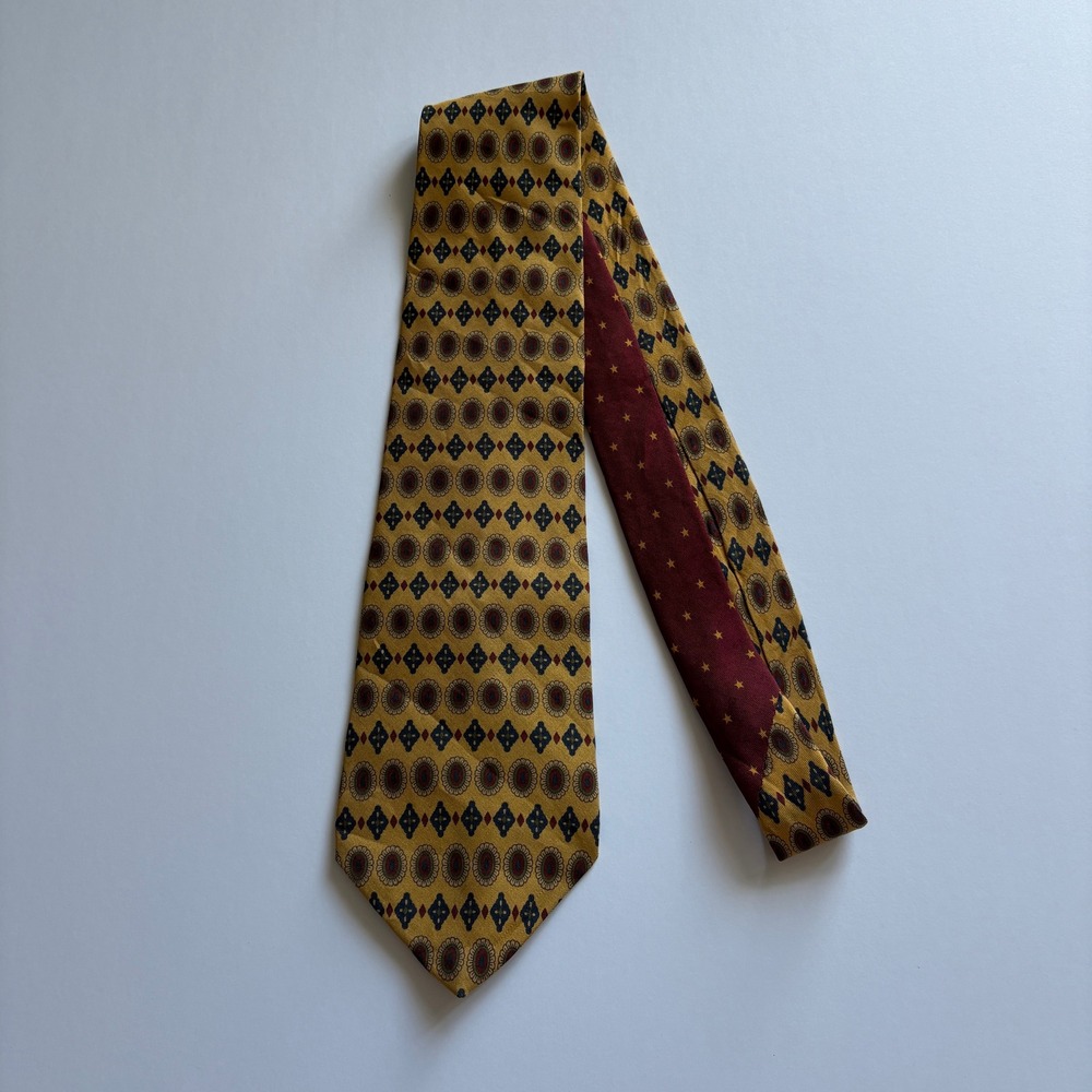 Vintage Tommy Hilfiger 100% Silk Tie Yellow Medallion Burgundy Made in USA